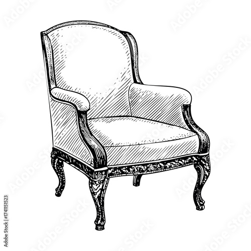 Armchair illustration in vintage monochrome sketch style