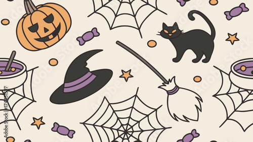 A seamless Halloween-themed pattern illustration. Modern abstract design for paper, covers, fabric, interior decor, and other applications.