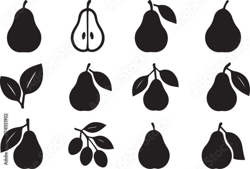 Pear fruit and leaf silhouettes black and white linocut vector illustration for fresh fruit packaging and natural label design