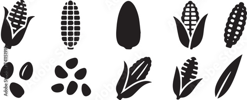 Corn plant and kernel silhouettes in minimalist black and white linocut vector style for agricultural product label