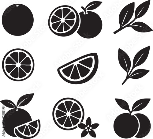 Orange fruit and leaf silhouettes black and white linocut vector art for citrus packaging and organic juice label design