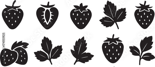 Strawberry fruit and leaf silhouettes black and white linocut vector collection for organic jam and natural packaging design