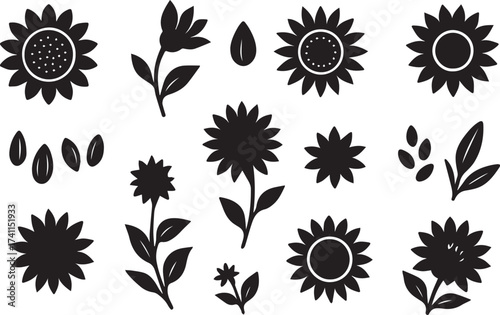 Sunflower and seed silhouettes in black and white linocut vector style for organic oil and packaging artwork design