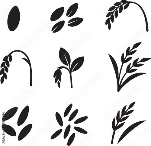 Rice plant and grain silhouettes in black and white linocut vector art for organic food and agricultural label packaging design