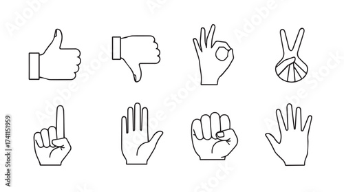 Set of hand gesture icons showing thumbs up down ok peace sign finger fist and open palm vector