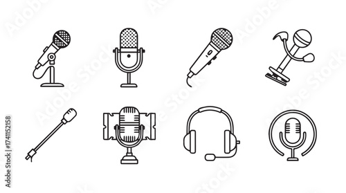 Collection of vintage and modern microphones icons and symbols for audio and broadcast professionals vector