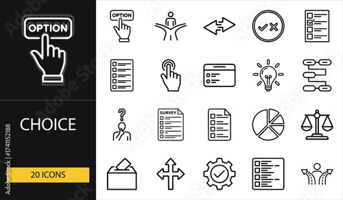 Thin line choice icons set of 20 vector symbols including option, decision, survey, checklist, idea, balance, and selection concept