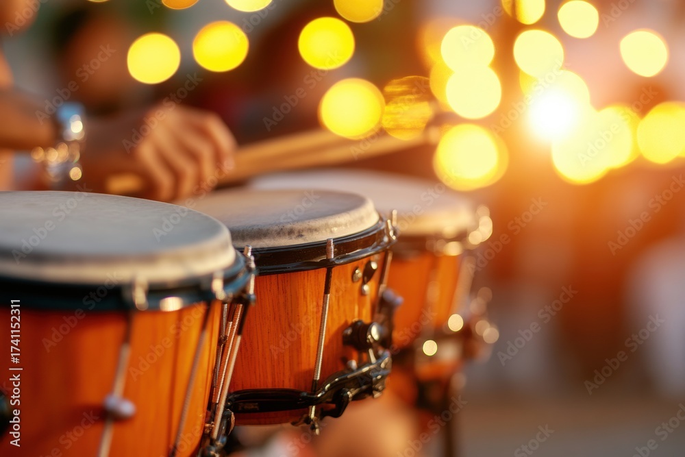 Naklejka premium Rhythmic Echoes: A drummer plays the bongo drums under a warm, radiant light, creating a mesmerizing musical experience.