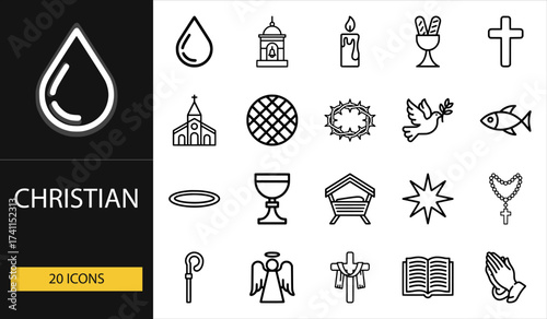 Thin line christian icons set of 20 vector symbols including cross, church, bible, candle, dove, rosary, angel, and religious faith design