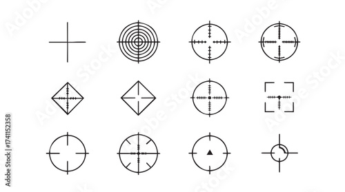 Collection of aiming sight reticles crosshairs targeting crosshair symbols for precision and focus vector