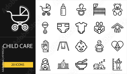 Thin line child care icons set of 20 vector symbols including stroller, bottle, pacifier, crib, toy, baby, family, and parenting concept