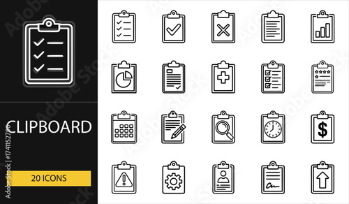 Thin line clipboard icons set of 20 vector symbols including checklist, note, report, calendar, document, task, and management concept
