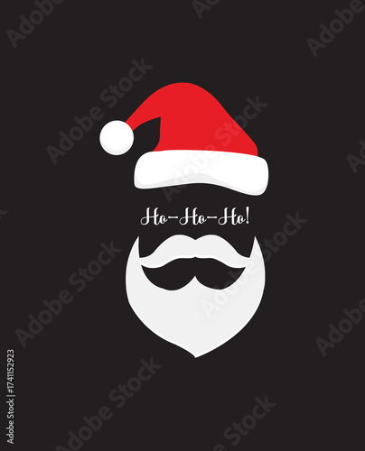 Santa claus face with red hat and white beard saying ho ho ho