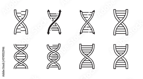Collection of hand-drawn dna double helix icons representing genetics biology science research vector