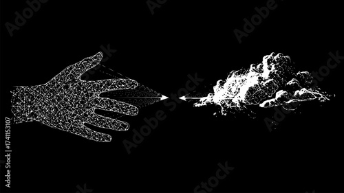 Two distinct, complex forms (e.g., a hand and a cloud) are separated by a wide white space. They are connected only by a series of precisely spaced, incredibly thin white lines against a medium-grey/b
