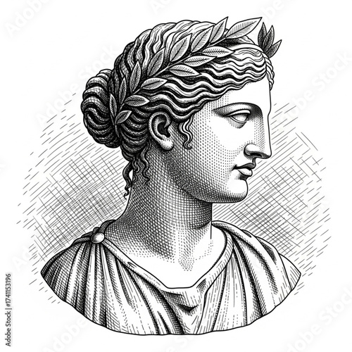 Ancient Woman Bust in Elegant Engraving Style Illustration