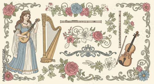 Vintage Fairy Tale Decorative Element Set with Princess and Music Heart