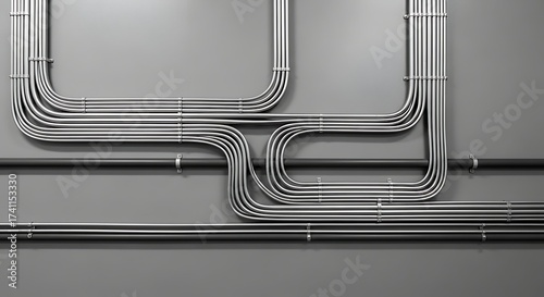 Industrial metal conduit piping system on a gray wall