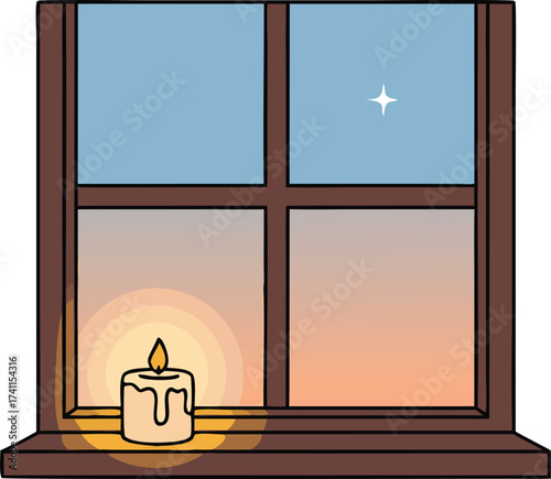 A single glowing candle sits on a windowsill at sunset, with dusk sky and a shining star outside, evoking warmth, reflection, and calm