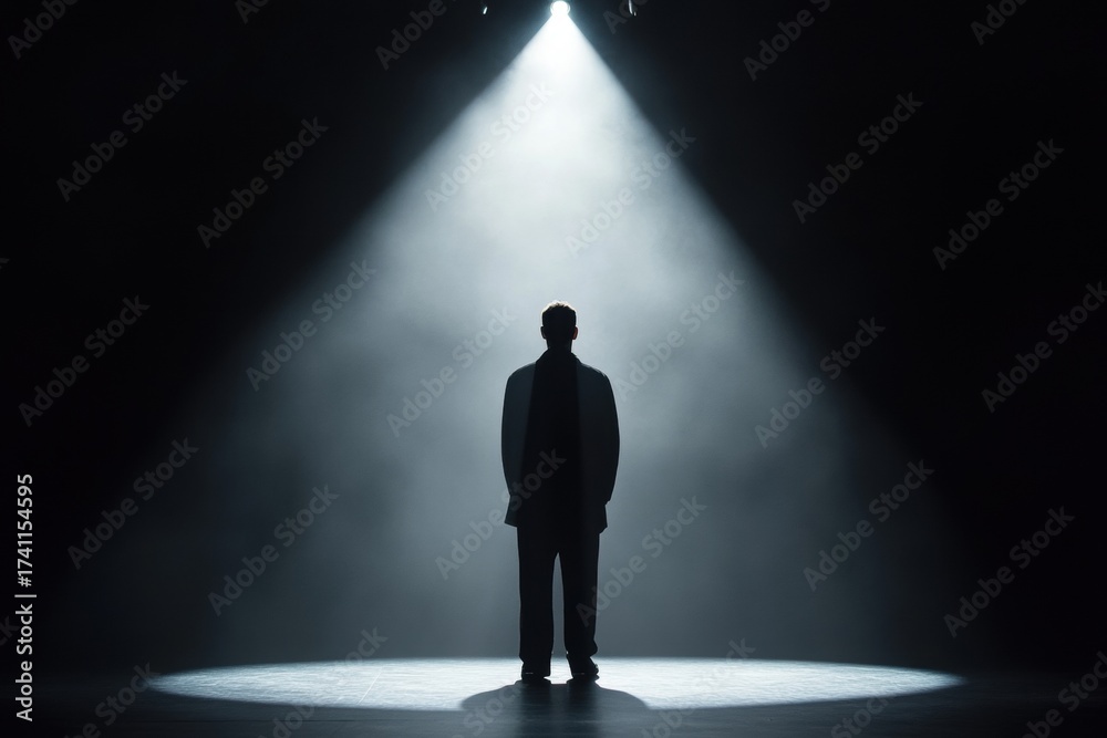 Obraz premium The figure in Spotlight: A solitary figure stands illuminated by a single spotlight, a powerful image of contemplation and introspection in a dark atmosphere.