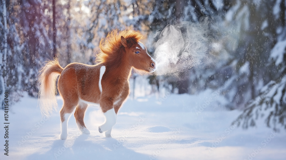 Obraz premium A small foal with a red mane and tail plays in the winter forest. A small horse with a snoring and a thump walks through the winter forest. A pony or a small foal in the middle of a snowy landscape
