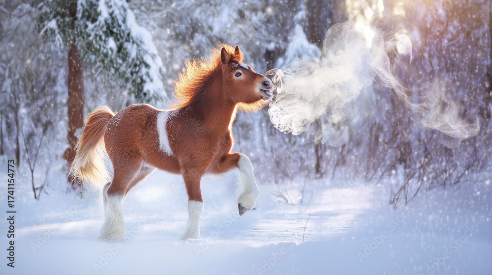 Fototapeta premium A small foal with a red mane and tail plays in the winter forest. A small horse with a snoring and a thump walks through the winter forest. A pony or a small foal in the middle of a snowy landscape