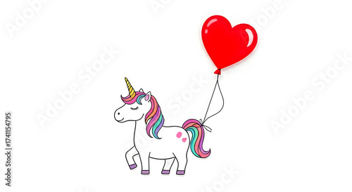 Unicorn with a Heart Balloon attached to its tail.
