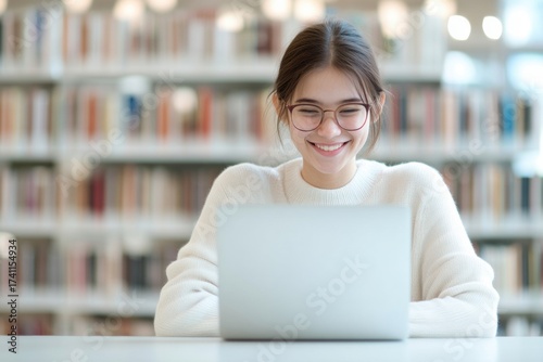 Smiling Scholar Engaged: A radiant young woman, absorbed in the screen of her laptop, enjoys a peaceful moment in the sanctuary of a library, surrounded by the wisdom of countless books.