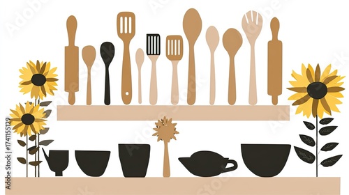 A vector graphic design featuring kitchen utensils such as wooden spoons