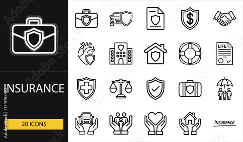 Thin line insurance icons set of 20 vector symbols including shield, handshake, house, family, car, health, heart, and financial protection design