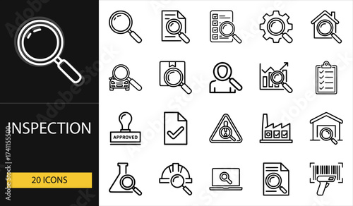 Thin line inspection icons set of 20 vector symbols including magnifier, report, checklist, document, factory, barcode, and quality control design