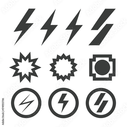Collection of dark grey lightning bolt and abstract geometric icons on white background energy power