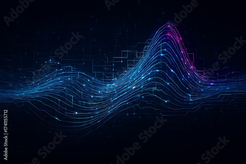 Abstract Digital Data Waveform Flowing Through Circuits on a Dark Background
