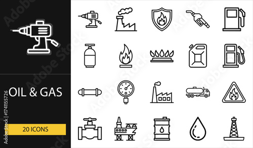 Thin line oil and gas icons set of 20 vector symbols including fuel, pipe, valve, barrel, platform, flame, factory, and petroleum industry design