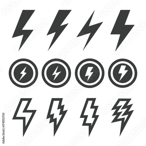 Collection of dark grey lightning bolt icons and symbols on white background thunder electricity