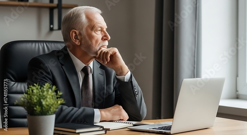 Senior businessman deep in thought looking out window at his desk