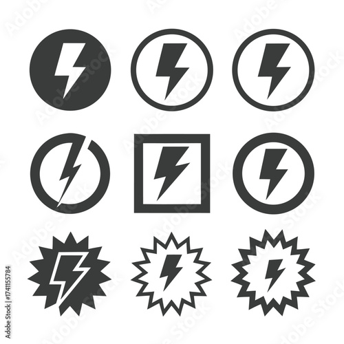 Collection of nine dark grey lightning bolt icons in various shapes and containers energy power