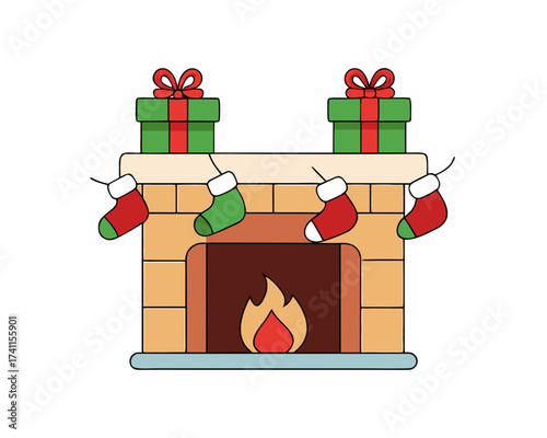 Fireplace decorated with stockings and garland, holiday vector scene