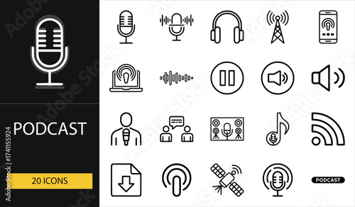 Thin line podcast icons set of 20 vector symbols including microphone, headphones, sound, recording, laptop, radio, music, and broadcast design