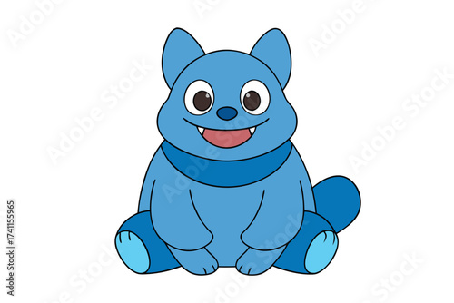 Vector art of a charming blue cartoon puppy with a cute smile, wearing a scarf, sitting upright, , radiating joy and playfulness in a delightful design
