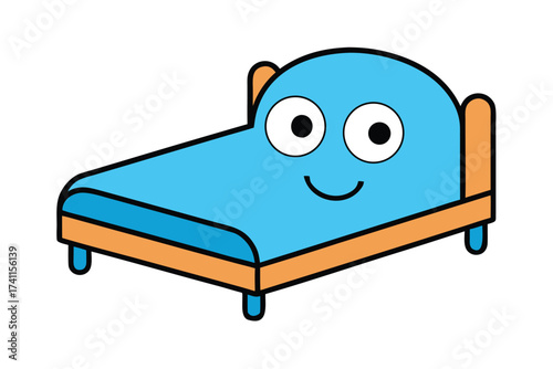 Vector art of a cheerful cartoon bed with a friendly face, , invites restful sleep and sweet dreams in a whimsical illustration for childrens decor