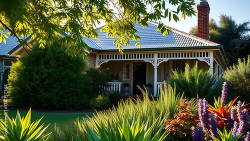 A charming suburban home bathed in afternoon sunlight with a lush garden.