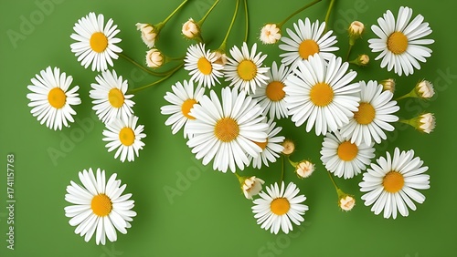 A natural arrangement of white daisies against a green background, exuding freshness.
