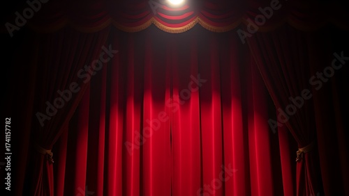 Dramatic red velvet theater curtains with golden details, illuminated by a spotlight.