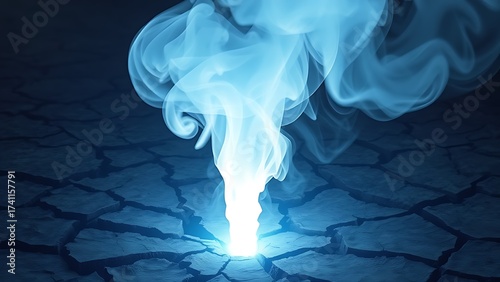 A ghostly translucent plume of smoke rising from cracked earth, illuminated by ethereal blue light.