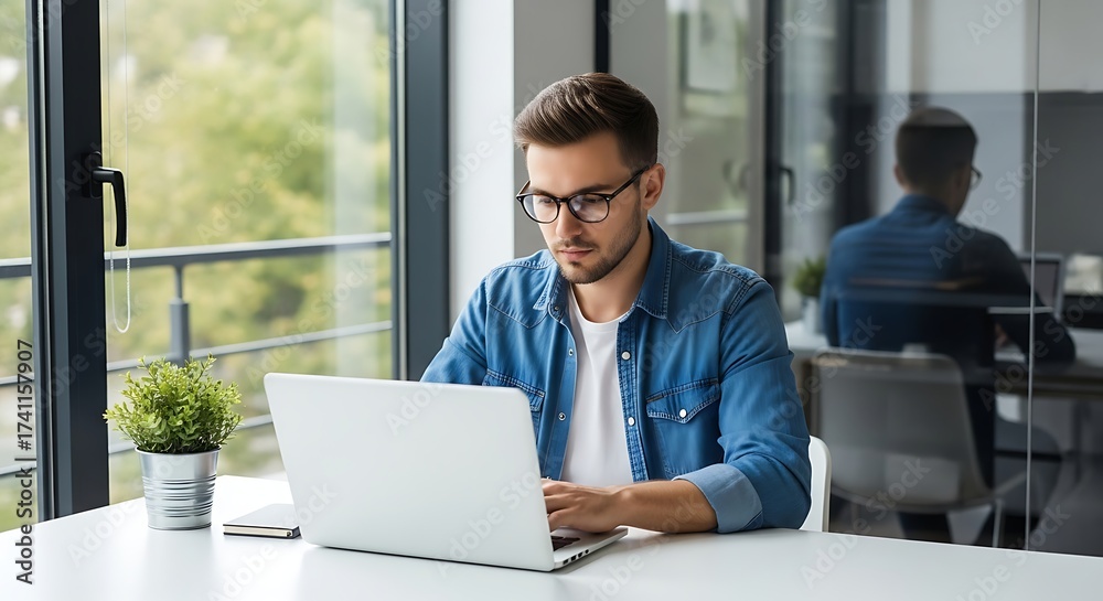 Fototapeta premium Young professional working on laptop in modern office space with greenery outside