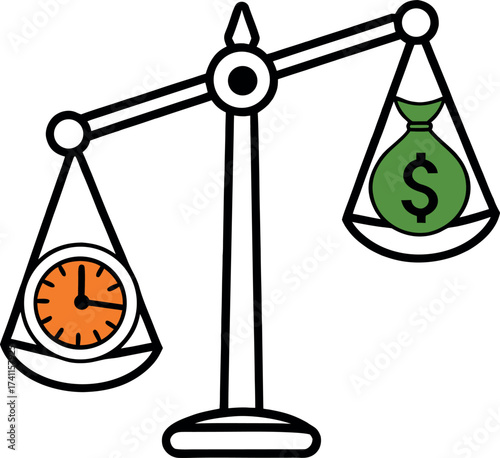 A balance scale with a clock on one side and dollar symbols on the other, illustrating the concept of time versus money