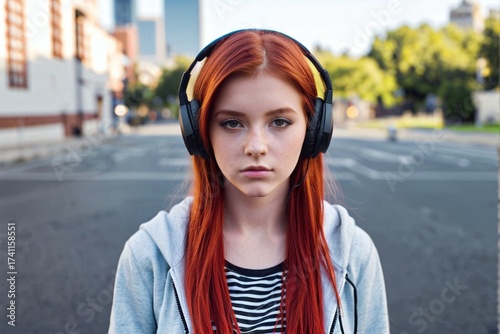 Portrait of a redheaded teenage girl  wearing headphones walking with bad mood or serious expression