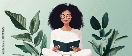 Young woman reading book surrounded by lush green plants, creating peaceful . She has curly hair and glasses, embodying moment of relaxation and focus