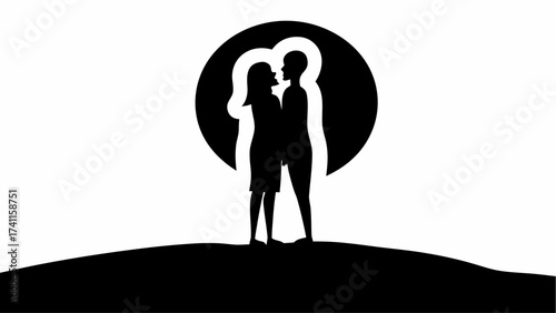 Silhouette of a couple standing close together against a black and white background in a simple design